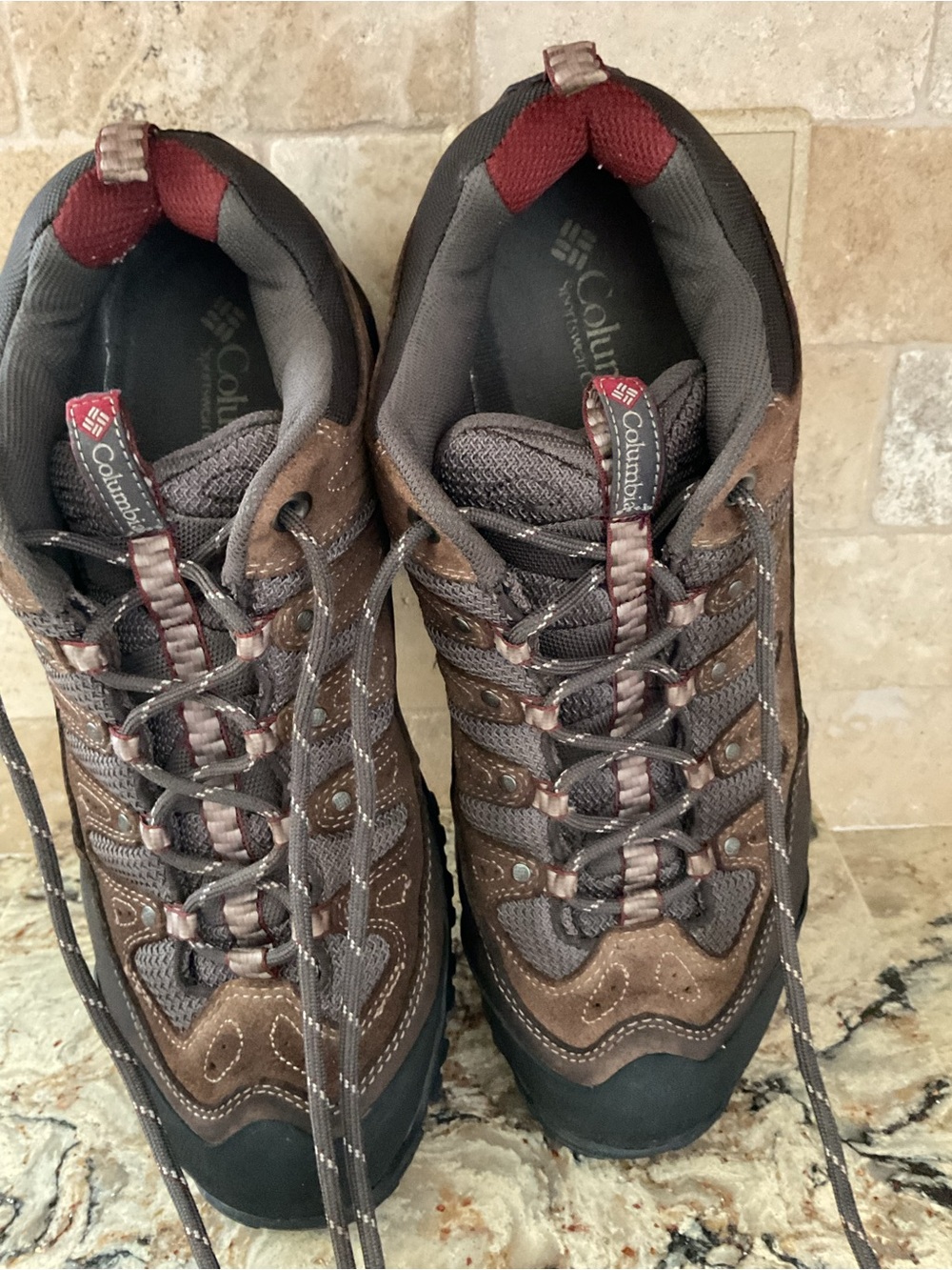 Columbia Men's Brown and Gray Hiking Boots with Maroon Accents size 13